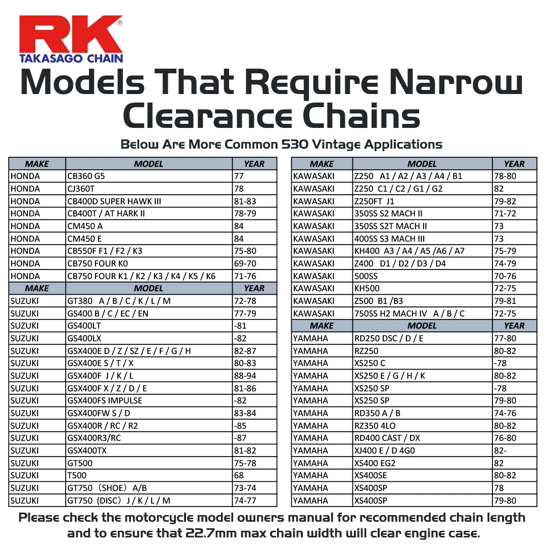 530 Narrow Clearance Motorcycle Models